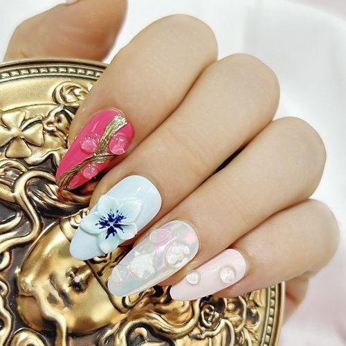 Press on Nails Handmade Almond Medium 3D Flower Design Reusable Fake Nail for Women's 10pcs (Mermaid Summer, L)