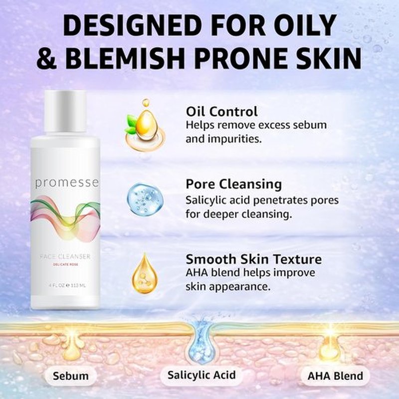 Promesse Acne Control Facial Cleanser - Glycolic & Salicylic Acid Exfoliating Wash | Hydrating Rose Scent - 4 fl oz