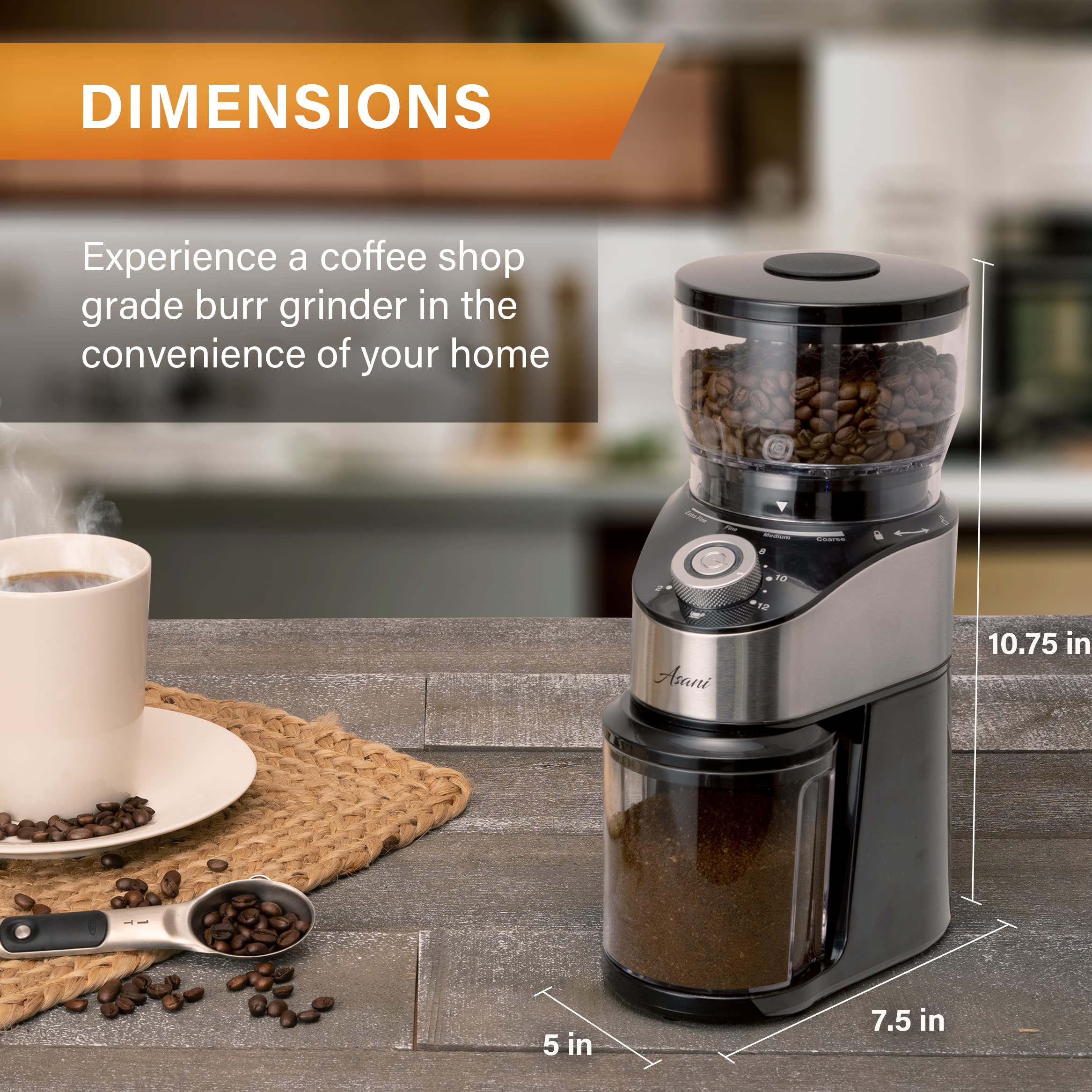 Asani Electric Coffee Grinder, Conical Burr Mill for Mess-Free Use, 35 Settings for Espresso, French Press, Pour Over & Drip Brewing