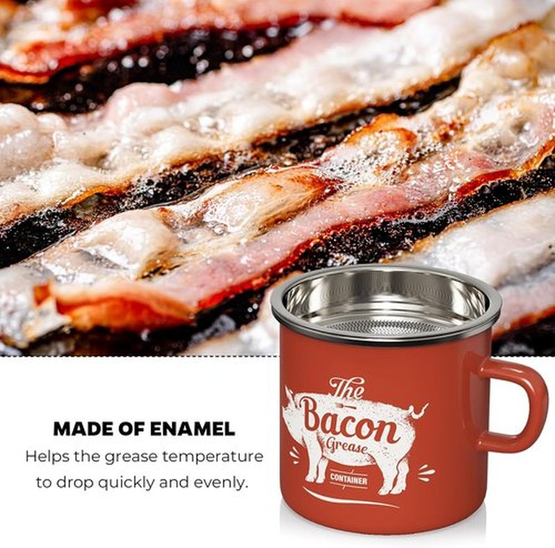 PGYARD Mini Bacon Grease Container - 15oz Enamel Strainer for Kitchen Fat Storage | Dishwasher Safe - Red