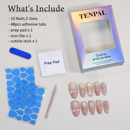 TENPAL Cute Sweet Handmade Press on Nails Almond,Ballet Butterfly Cat Eye Nude Pink Ombre French Tips Fake Nails with Tools, Reusable Spring Polka Dot Bow Pearl False Nails for Women 10pcs(M)