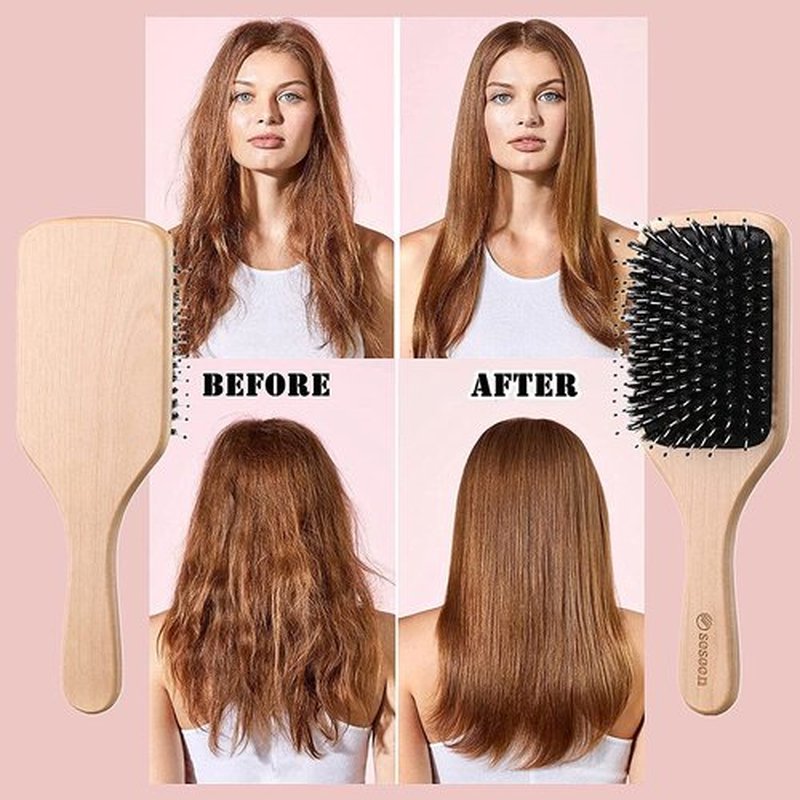 Sosoon Boar Bristle Paddle Hairbrush - Tangle-Free Design for All Hair Types | Gift Box & Tail Comb Included