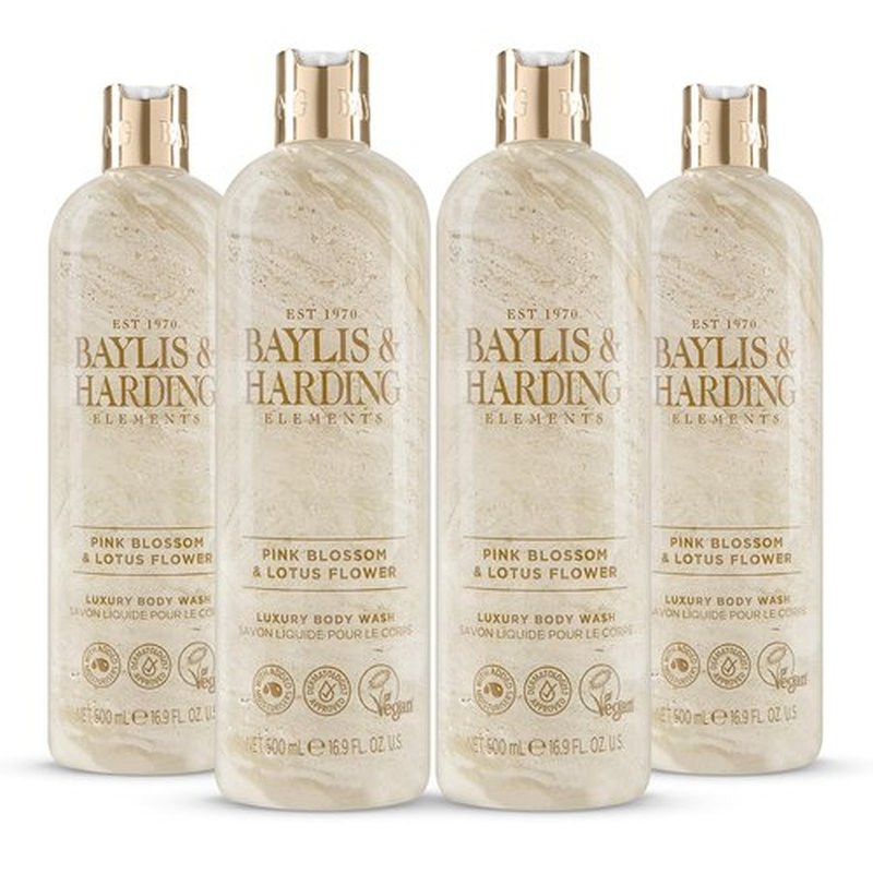Baylis & Harding Liquid Body Wash Soap, Elements, Pink Blossom & Lotus Flower, 16.9oz/500ml (4-Pack)