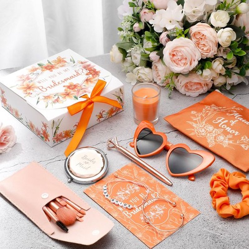 Nuogo 88 Pcs 8 Sets Bridesmaid Proposal Gift Wedding Bridesmaid Box Set Maid of Honor Gift Include Box Candle Invited Cards Scrunchies Hair Elastics Ties Knotted Bracelets Diamond Pens(Orange,Pretty)