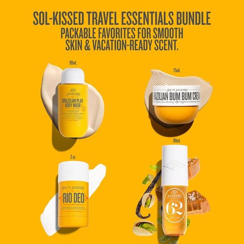 Sol de Janeiro Travel Essentials Bundle - Cheirosa 62 Perfume Mist, Rio Deo, Bum Bum Cream & Body Wash | TSA-Friendly Sizes