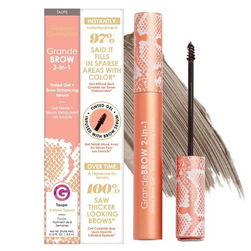 Grande Cosmetics GrandeBROW Tinted Brow Gel & Enhancing Serum - Thicker, Darker Eyebrows, Taupe (0.12 fl oz)