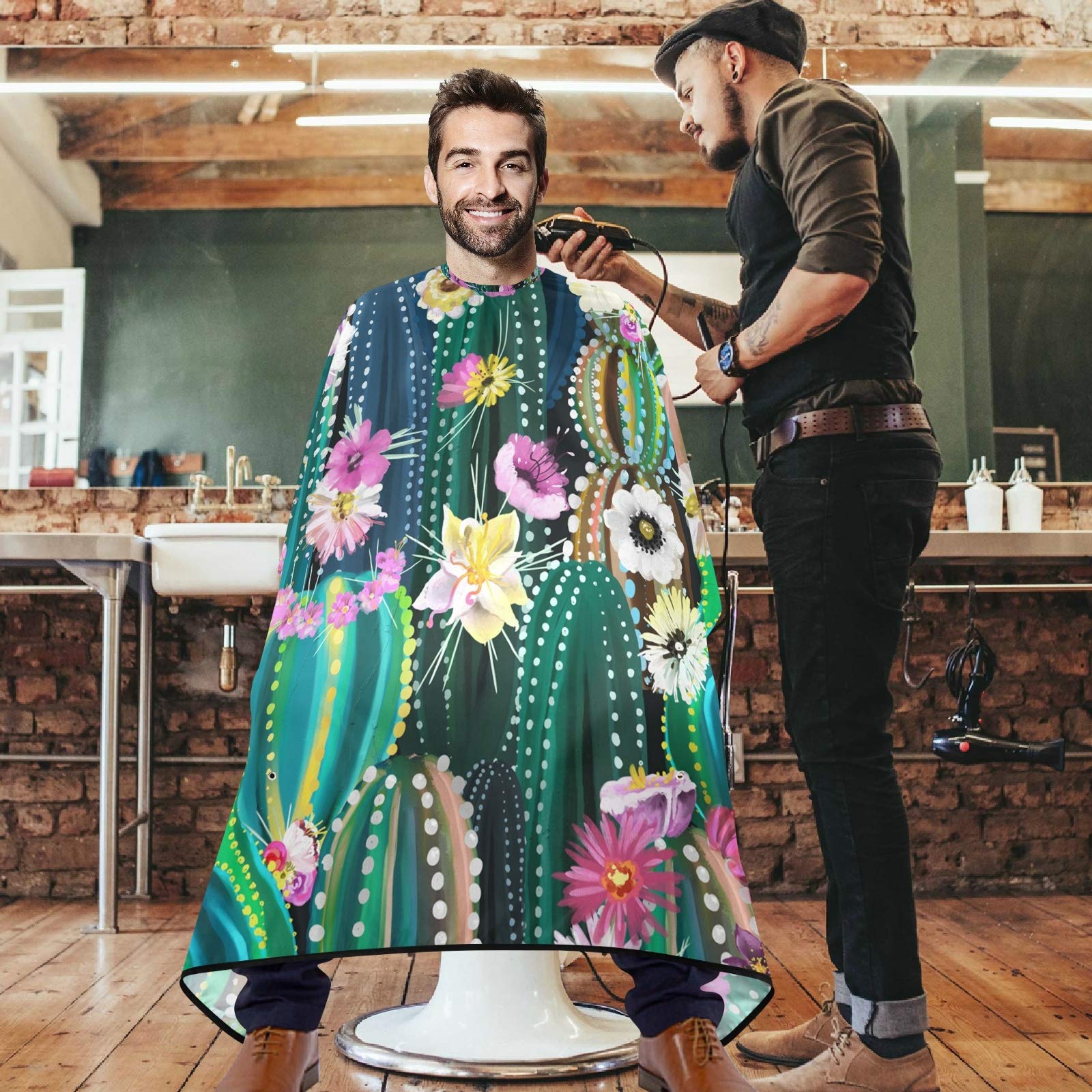 Visesunny Barber Cape - Green Cactus With Flower Polyester Hair Cutting Salon Apron Anti-Static Haircut Water-Resistant Shaving Cloth Beard Shaving Bib Hairdressing Cape