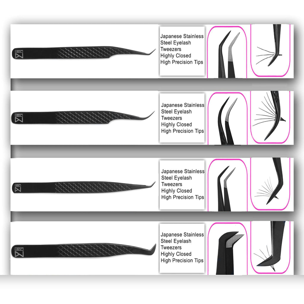 M LASH Tweezers for Eyelash Extensions (Set of 4) - Professional Lash Extension Tweezers - Fiber Tip, Japanese Steel, Diamond Grip Eyelash Extension Tweezer (Black)