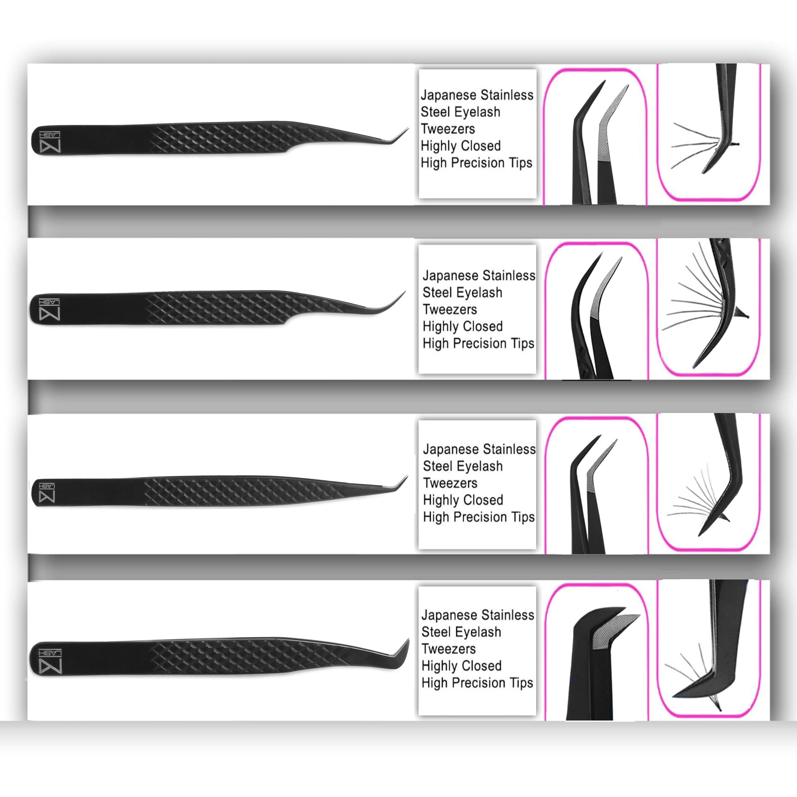 M LASH Tweezers for Eyelash Extensions (Set of 4) - Professional Lash Extension Tweezers - Fiber Tip, Japanese Steel, Diamond Grip Eyelash Extension Tweezer (Black)