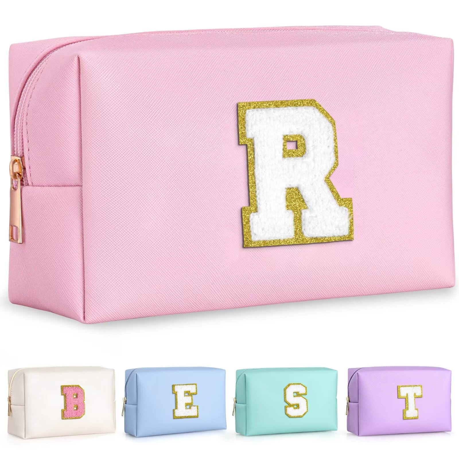 TOPEAST Cosmetic Travel Bags for Women, Preppy Small Makeup Bag, PU Leather Waterproof Toiletry Bag, Unique Friendship Gifts for Friends Coworker, Cute Stuff for Girls (Pink R)