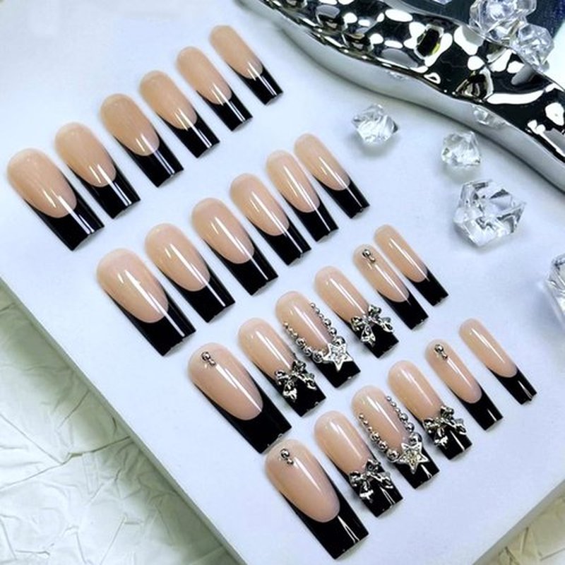 MERVF Long Square Press on Nails Black French Tip Fake Nail 3D Bow Star Charms Design Glue ons Gothic Gyaru Squoval Acrylic Y2K Manicure Supplies Art DIY Glossy 24pcs