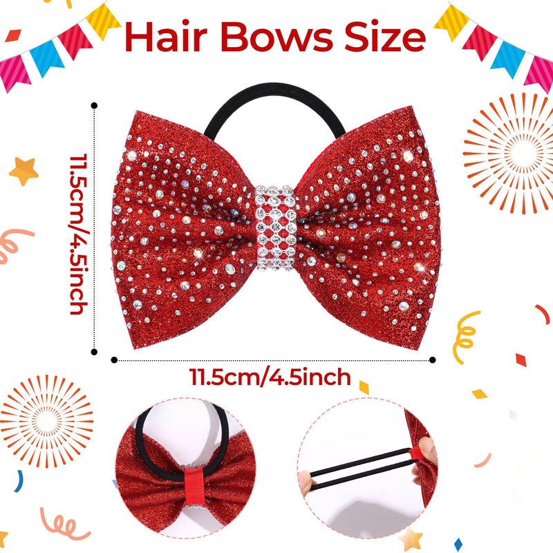VOBOBE 16PCS Glitter Cheer Hair Bows for Cheerleading, Red Sparkle Rhinestone Cheer Bow with Ponytail Holder Elastic Hair Ties for Teen Girls Cheerleader (Red)