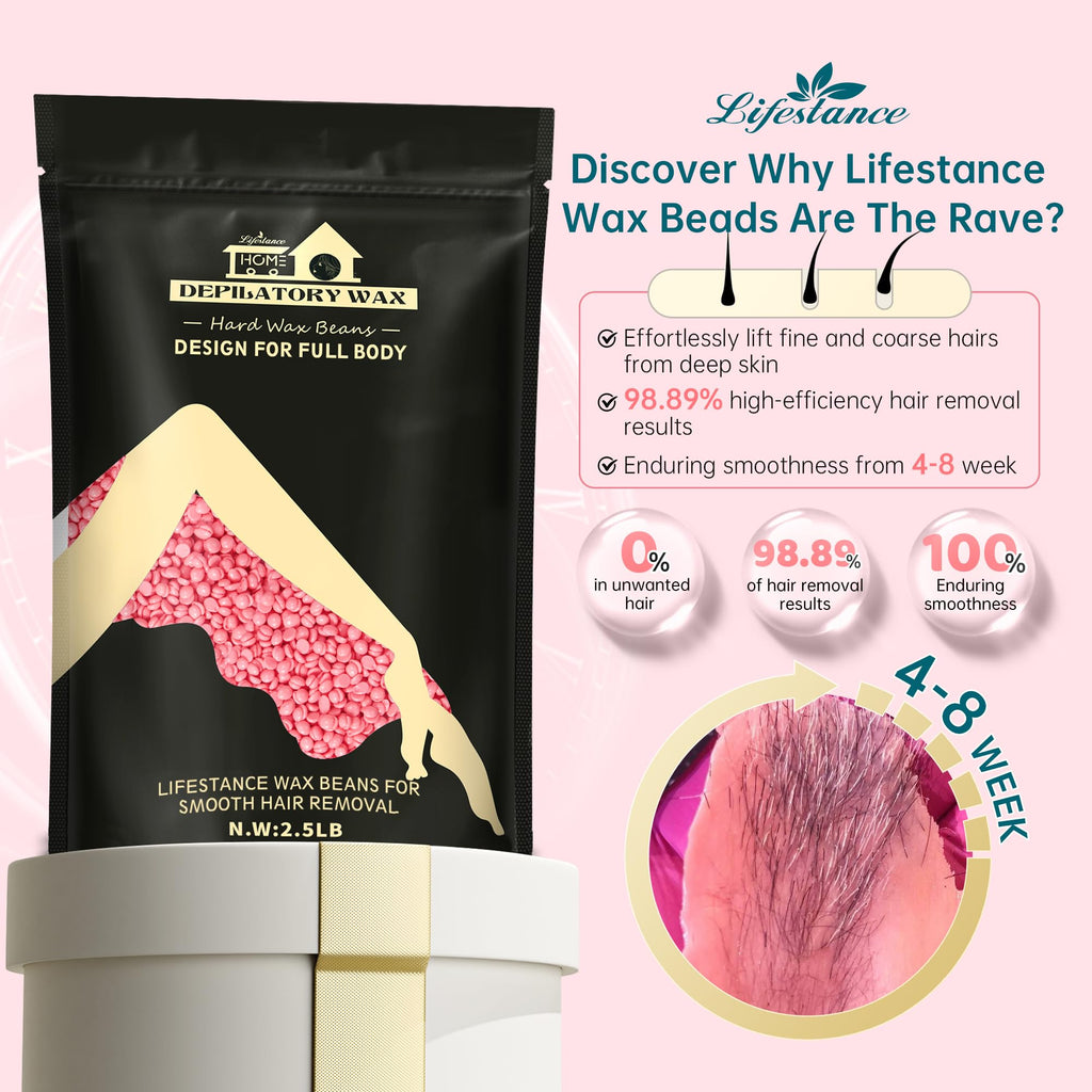Lifestance Wax Beans Hair Removal Kit, Rose Pink, 2.5lb with 30 Applicators for Eyebrow, Face, Underarm, Bikini Waxing, Women Men Sensitive Skin