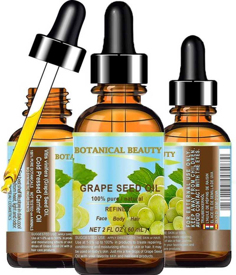 Botanical Beauty GRAPE SEED OIL 100% Pure Natural Undiluted Refined Cold Pressed Carrier Oil for Face, Skin, Body, Hair, Massage, Lip, Nails (2 Fl Oz 60 ml)