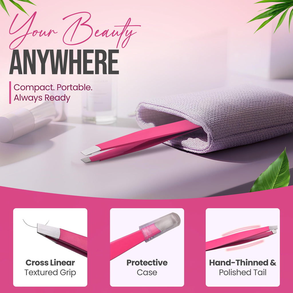 Stainless Steel Mini Slant Tweezer - Professional Precision Eyebrow Tweezers for Women & Men, Rust-Proof Travel Grooming Tool for Facial Hair Removal, Chin Hair & Ingrowns (Neon Pink)