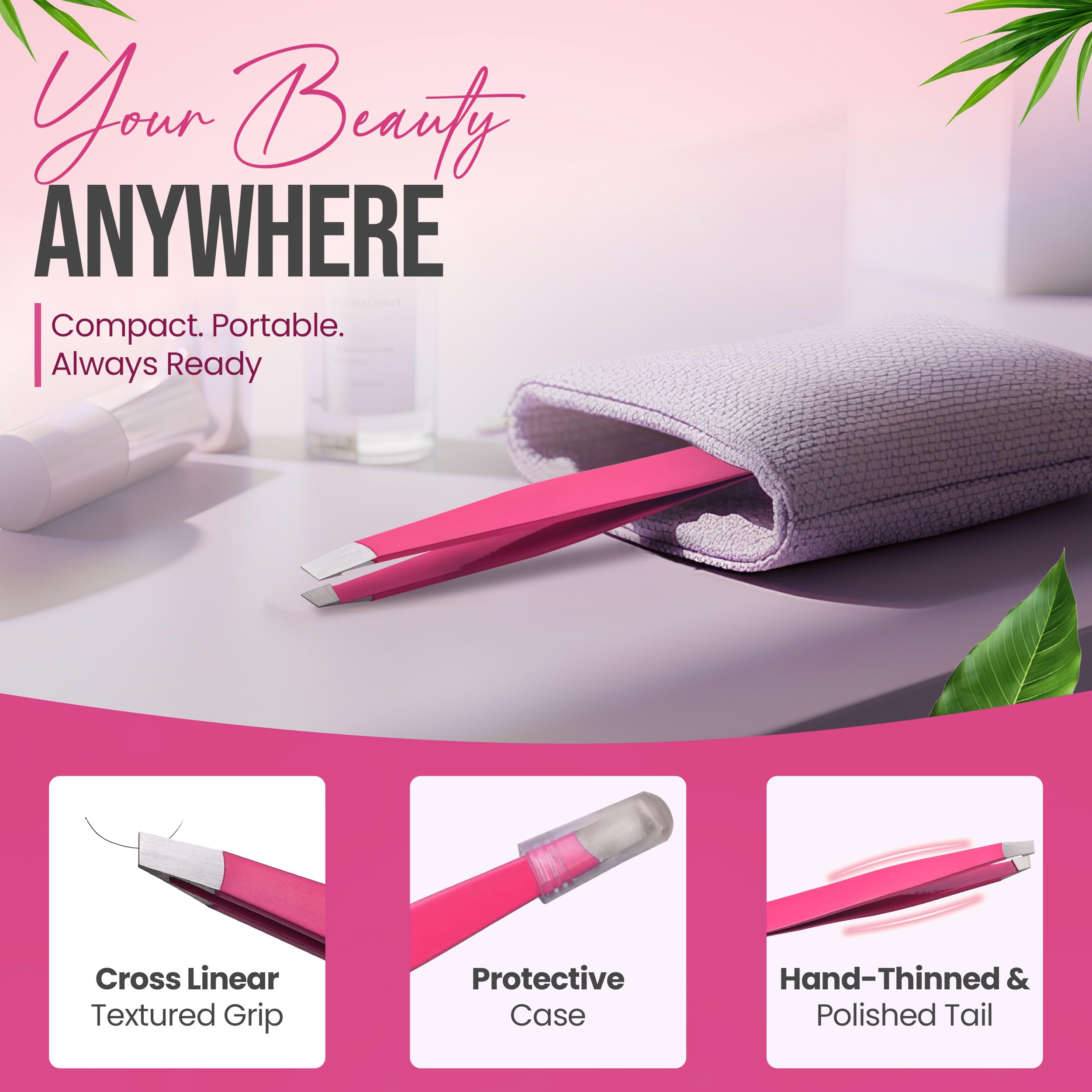 Stainless Steel Mini Slant Tweezer - Professional Precision Eyebrow Tweezers for Women & Men, Rust-Proof Travel Grooming Tool for Facial Hair Removal, Chin Hair & Ingrowns (Neon Pink)