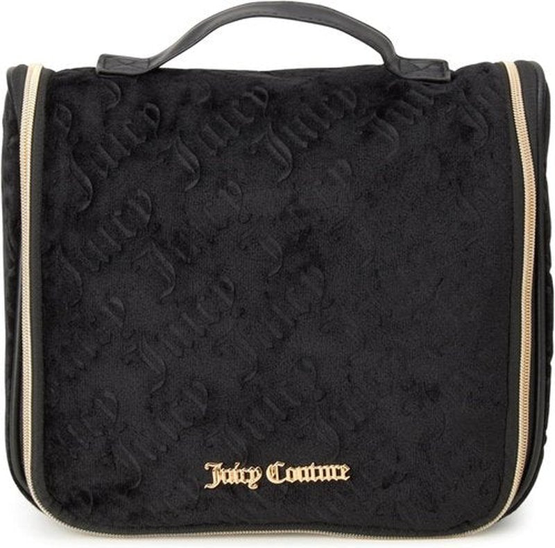 Juicy Couture Black Makeup Bag - Velour Cosmetics Organizer with Travel Hook & Logo