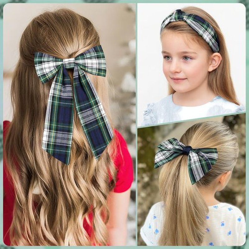 DEEKA 5 Styles Uniform Long Tail Hair Bows Knotted Headband Scrunchies Bow Set Alligator Clips Back to School Accessories for Toddler Little School Girls (Green, Navy, White&Yellow 5 Styles)