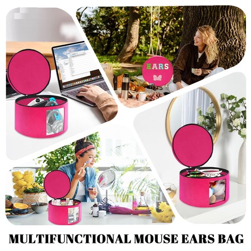 gjulrfu Heaband Holder Organizer, Large Round Tiara Tote Storage Box, Headband Ears Display Storage Box with Shoulder Straps (Rosy Red)