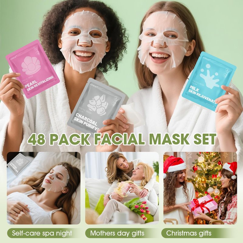 KONEUK 48 Pack Collagen Hydrating Face Masks Skincare for Women, Moisturizing & Soothing Face Mask for All Skin Types, Facial Masks Set Spa Gifts for Women, Bulk Sheet Face Mask for Skin Care