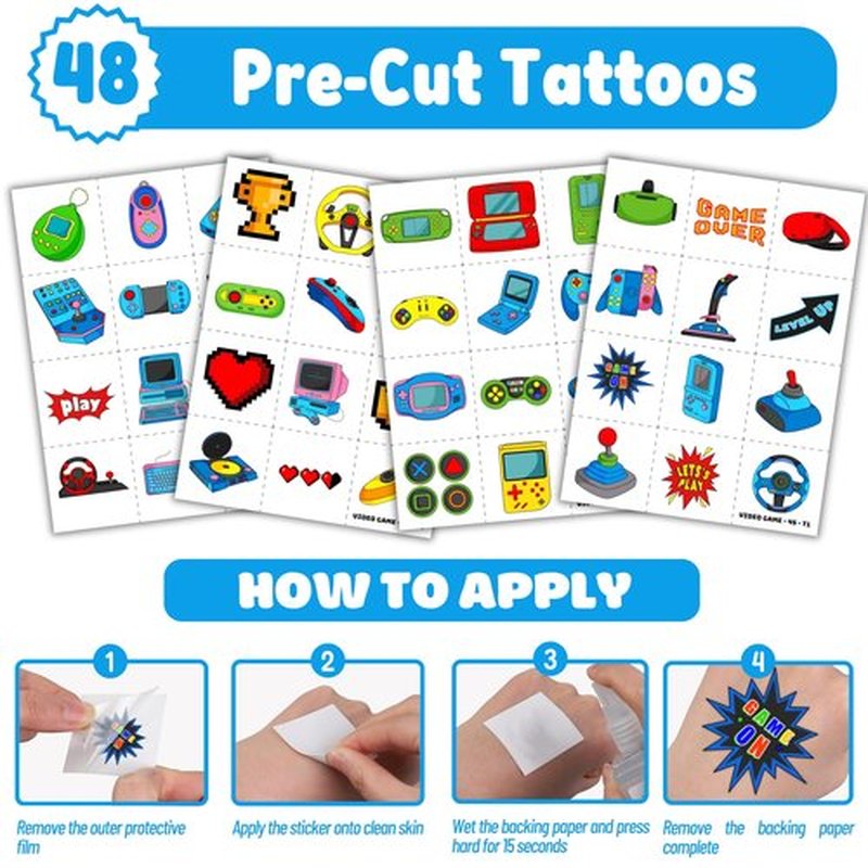 Cherisnowy 72PCS Video Game Party Set | 48PCS Temporary Tattoos & 24PCS Slap Bracelets - Gamer-Themed Birthday Supplies, Baby Shower Gifts, Classroom Rewards & Party Decor for Kids (Boys & Girls)