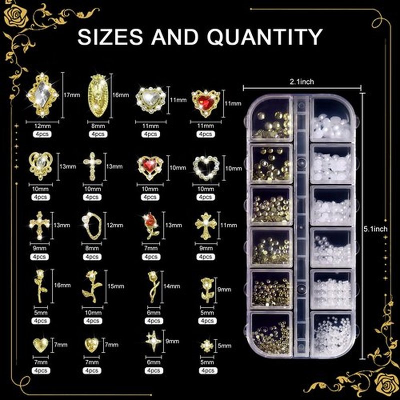Allstarry Gold Nail Charms, Gold Charms for Nails 3D Charm and Gems Y2K with Flatback Rhinestones Pearls Chunky Bulk Jewels Gold Cross Star Rose Heart Virgin Mary Nail Accessories