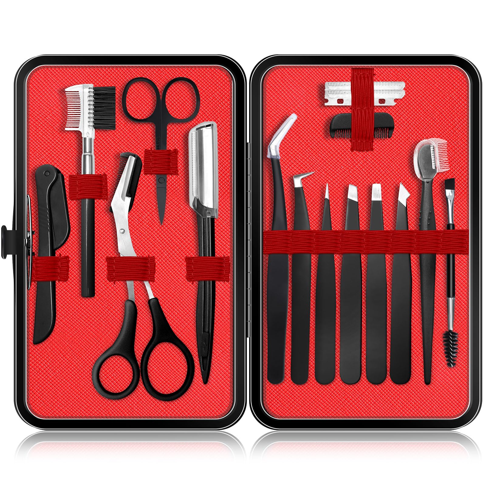 Eyebrow Kit for Men, 17 in 1 Tweezers for Women Facial Hair, Hair Scissors with comb, Eyebrow Trimmer, Brow Brushes, Hair Tools Travel Bag, Professional Grooming Tweezer for Men