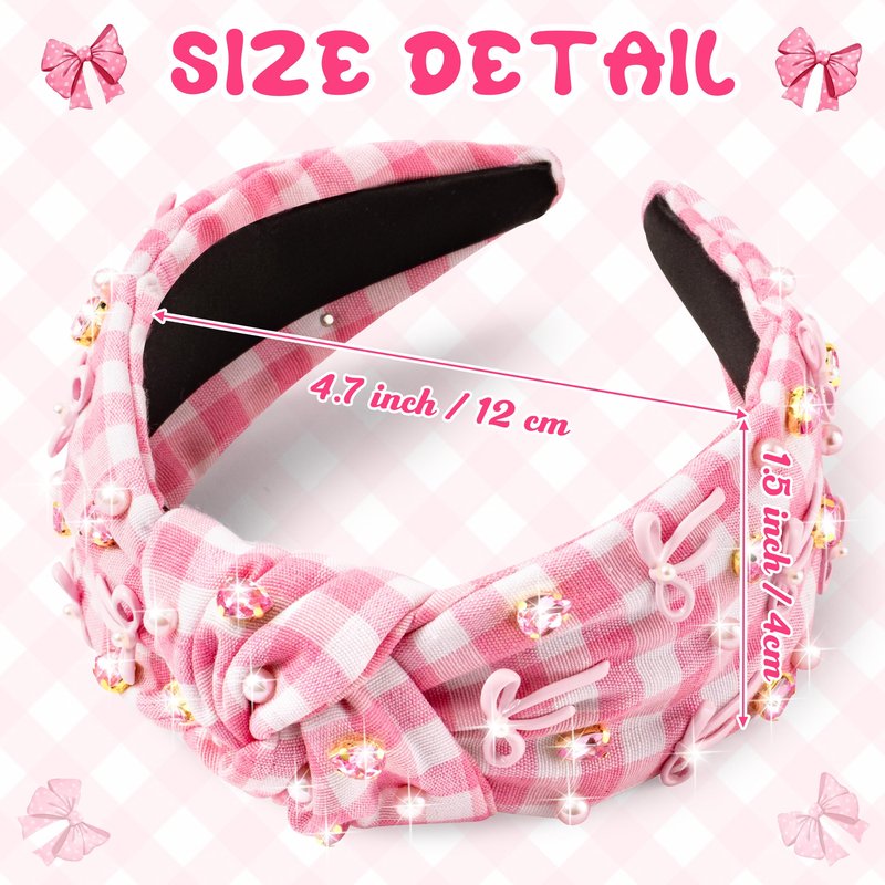 Y1tvei Bow Checked Knotted Headband - Coquette Pink Bow Checked Crystal Rhinestone Pearl Embellished Headband Wide Top Knot Fashion Non Slip Trendy Plaid Hair Accessories Gift for Women Christmas