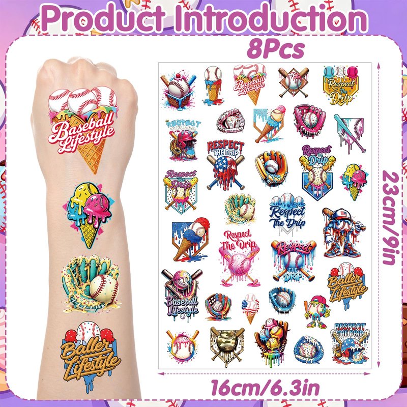 Yoyuspy Baseball Themed Temporary Tattoos - 200+ Baseball Birthday Party Decorations Favors Supplies, Sports Drip Themed Tattoo Stickers Gifts, Ball Sport Birthday Decor Prizes Rewards