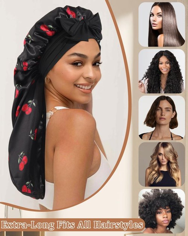 AWAYTR Long Hair Bonnet for Women - Reversible Double Layer Satin Silk Bonnet for Sleeping with Tie Band (Black Cherry+Black)