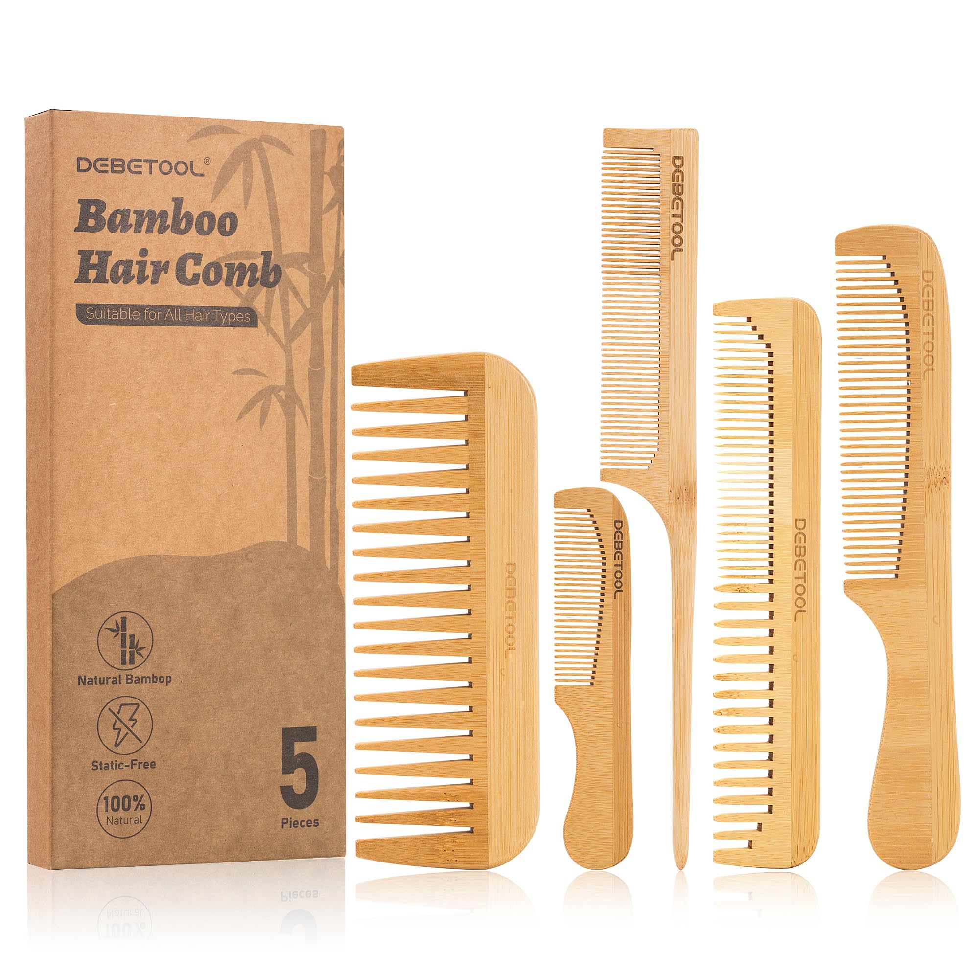 DEBETOOL 5 Pieces Bamboo Comb Set - Natural Wooden Combs for Women Hair Growth, Anti-Static Wood Comb for Curly/Thick Hair Daily Use