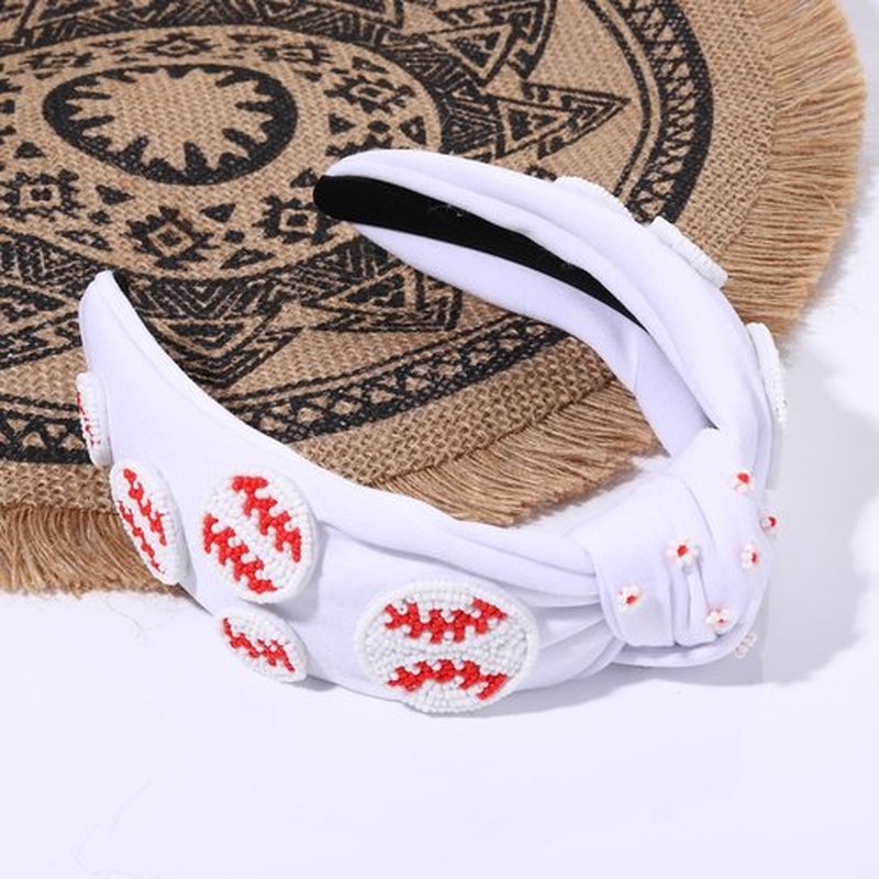 Sport Baseball Beaded White Headband for Women Teacher Beaded Baseball Charm Jeweled Embellished Hairband Fashion Elegant Ladies Wide Top Knot Headband for Game Day Jewelry Hair Accessories Gifts