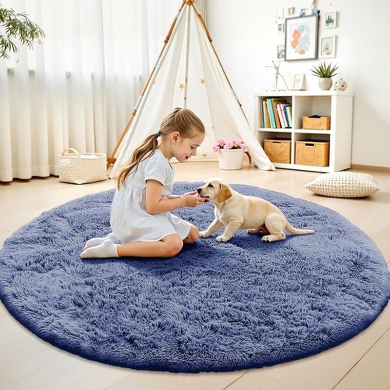 OLANLY Denim Blue Round Area Rug - Soft, Fluffy, Machine Washable 6 ft Circle Carpet for Bedroom & Living Room