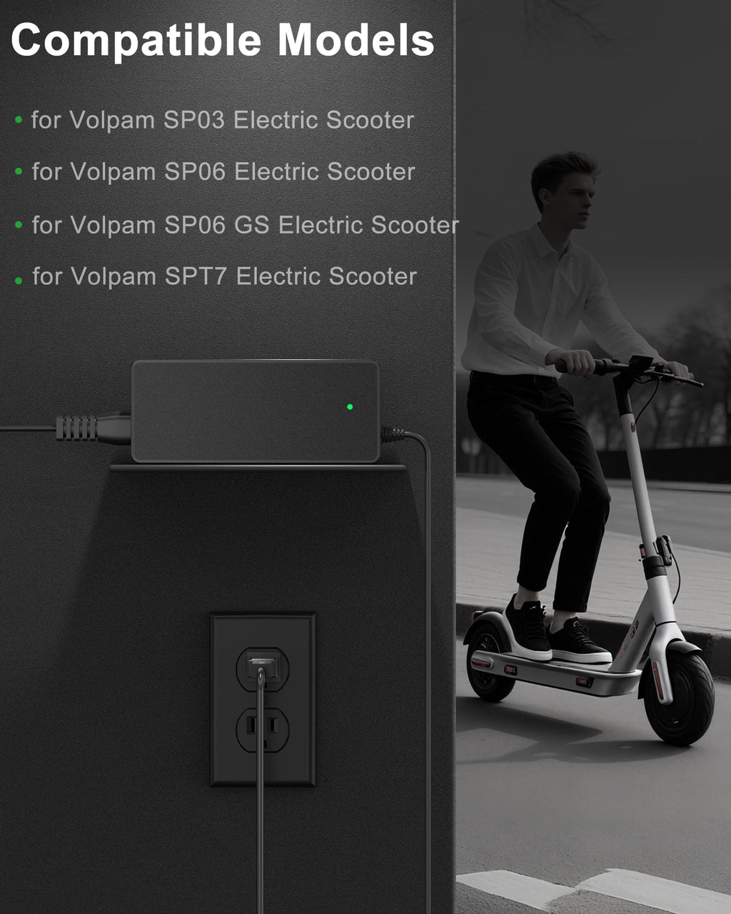 VHBW 42V Charger Compatible with Volpam Electric Scooter Charger, fits for SP06 SPT7 SP03 SP06 GS, Replacement for Volpam Scooter with LED Indicator – Fast Lithium Battery Adapter
