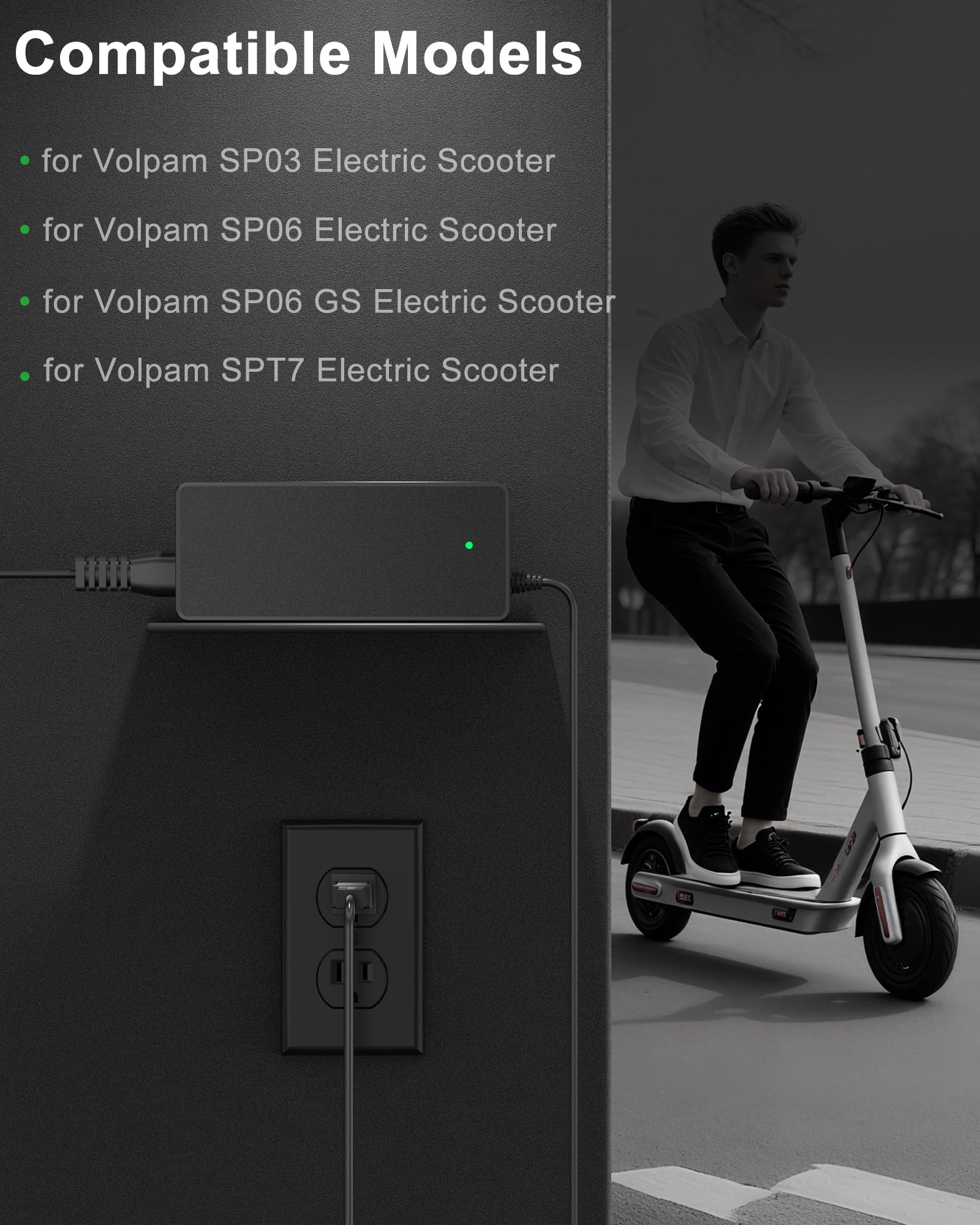 VHBW 42V Charger Compatible with Volpam Electric Scooter Charger, fits for SP06 SPT7 SP03 SP06 GS, Replacement for Volpam Scooter with LED Indicator – Fast Lithium Battery Adapter