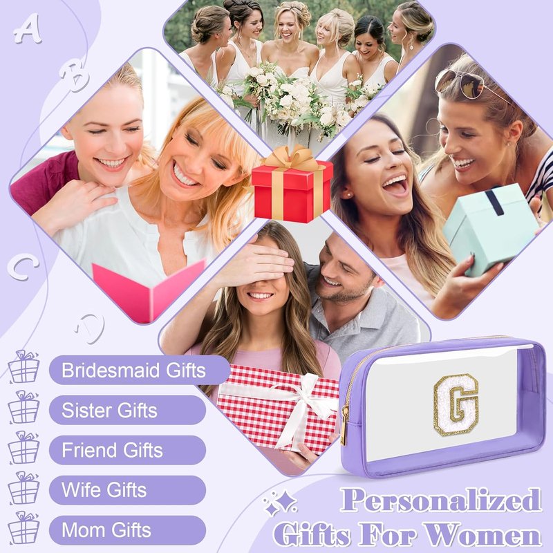 UIXIZQ Personalized Initial Letter Clear Makeup Bag - Preppy Nylon & PVC Cosmetic Zipper Bag | Travel Toiletry Organizer for Teen Girls & Women, Monogrammed Gift (G)