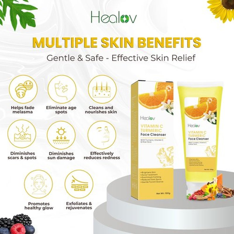 Healov Turmeric Face Wash – Skin Brightening Liquid Soap for Discoloration – Natural Anti Aging Exfoliating Facial Cleanser for Spots, Acne, Sun Damage – Turmeric Soap Skincare