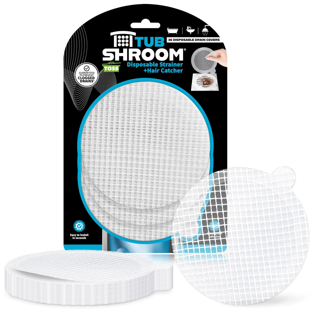 TubShroom Toss 26pk Disposable Drain Covers - Hair Catcher Mesh Sticker Strainers for Shower Bathtub and Bathroom Sink Drains to Prevent Clogged Drains, Half Year Supply
