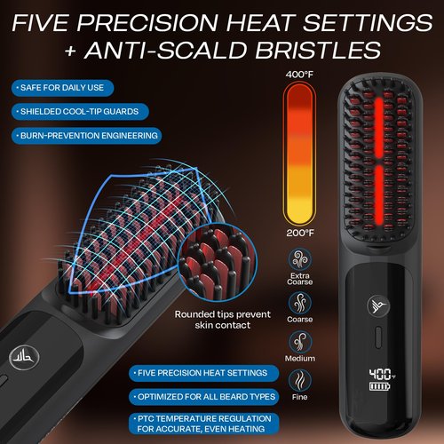 HUMMINGBIRD MK18 BeardBoss Cordless Beard Straightener for Men – Heated Beard Brush & Hot Comb, 5 Temp Settings, Anti-Scald Portable Hair Straightener, PTC Ceramic Heat, Infrared & Ionic, Travel Case