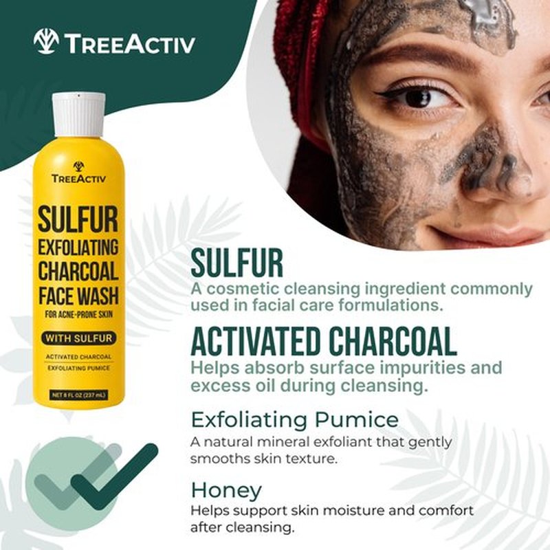 Sulfur 10% Exfoliating Charcoal Acne Face Wash, 8 Fl Oz, Face Wash for Men & Women, Sulfur Acne Wash for Acne, Activated Charcoal & Pumice, Foaming Daily Women & Men's Face Wash