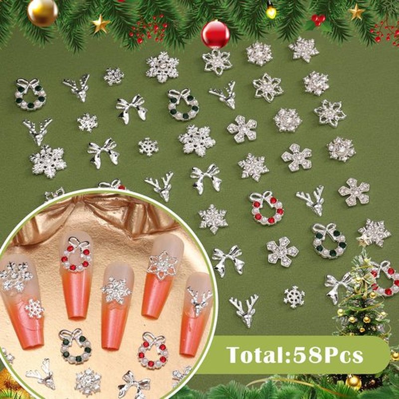 58 Pcs Christmas Nail Charms, Snowflake Bow Nail Charm, Wreath Elk Bow Silver Nail Charms, Xmas-Themed Alloy Silver Nails Art Charm for Christmas Nails DIY Design Craft