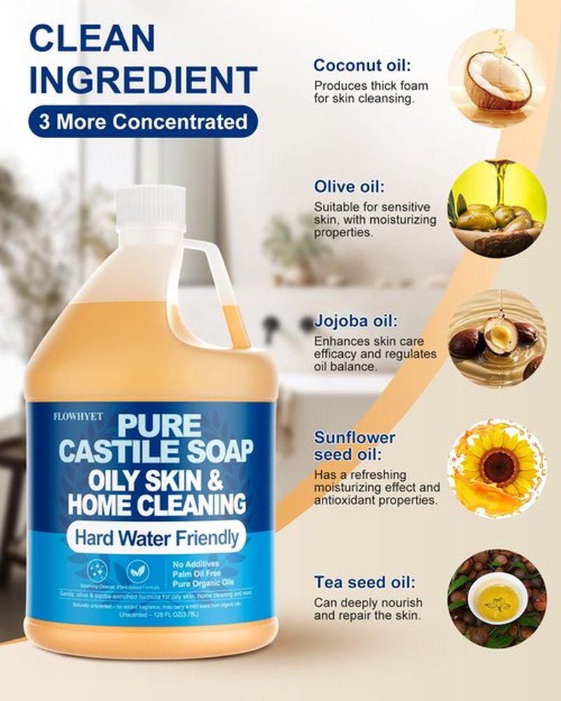 FLOWHYET Pure Castile Soap Liquid Unscented 1 Gallon(128 fl oz) Refill,EWG Verified Organic Body Wash Bath Soap Castile Liquid,Hard Water Oily Skin Friendly for Body, Face, Hand, Home Cleaner