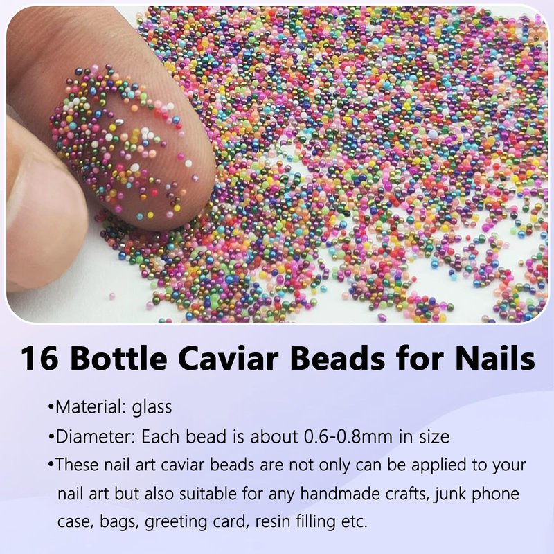 Vryctonx 16 Colors Caviar Beads for Nails, 0.6-0.8mm Glass Micro Pixie Beads Mini Bubble Beads Microbeads for Women Girls Nail Art Charms Decorations Women Manicure Makeup DIY Craft