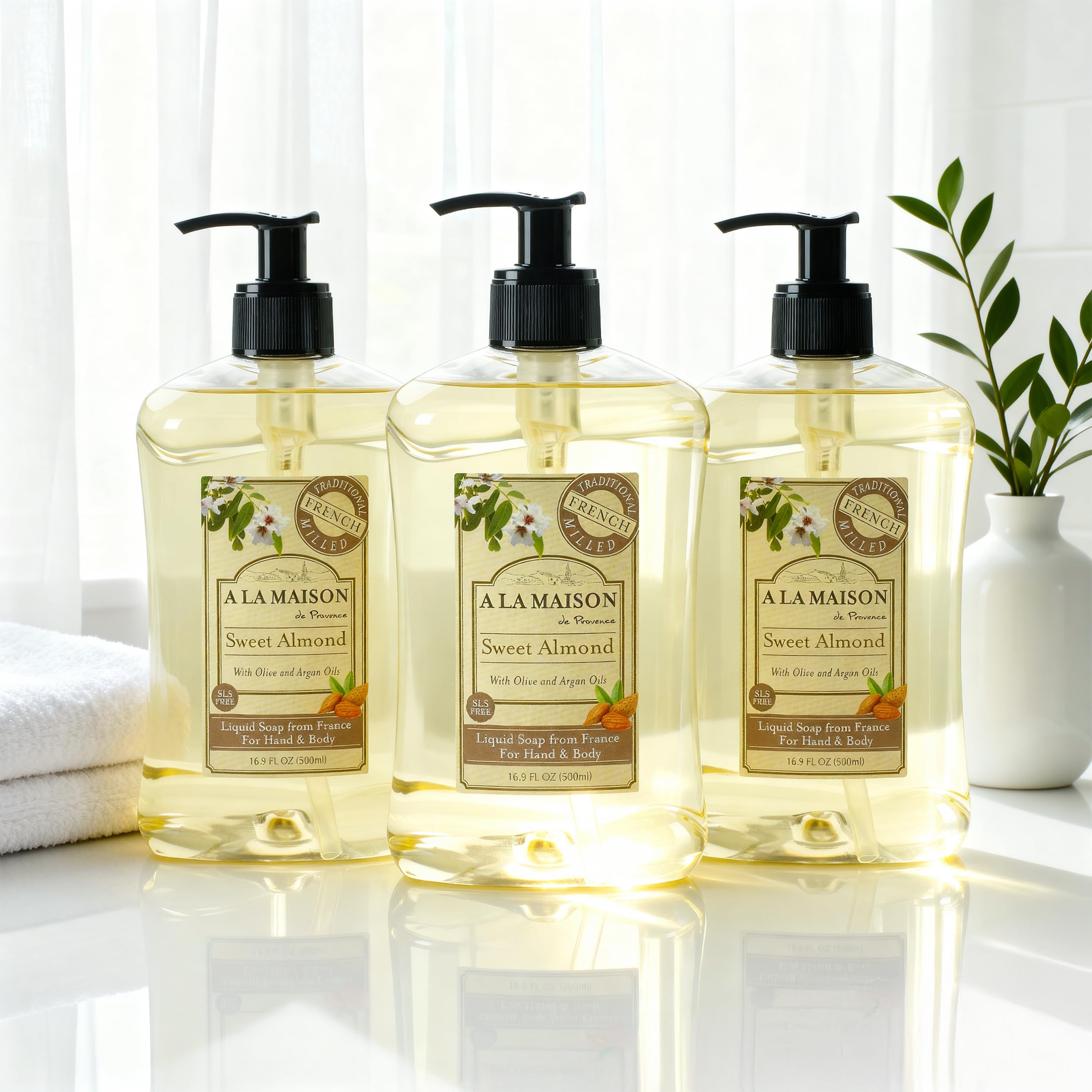 A LA MAISON French Liquid Hand Soap, Almond - Natural Hand Wash Made with Essential Oils - Biodegradable, Plant-Based, Vegan, Cruelty-Free, Alcohol & Paraben Free (16.9 oz, 6 Pack)