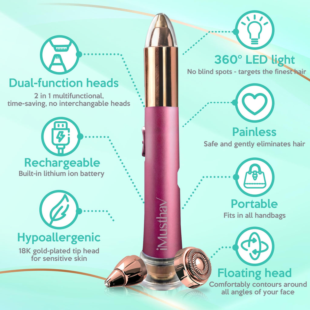iMusthav Facial Hair Removal for Women, 2-in-1 Face Hair Remover & Eyebrow Trimmer, Painless Flawless Face Shaver with LED Light, Rechargeable Peach Fuzz Remover & Electric Eyebrow Razor for Women
