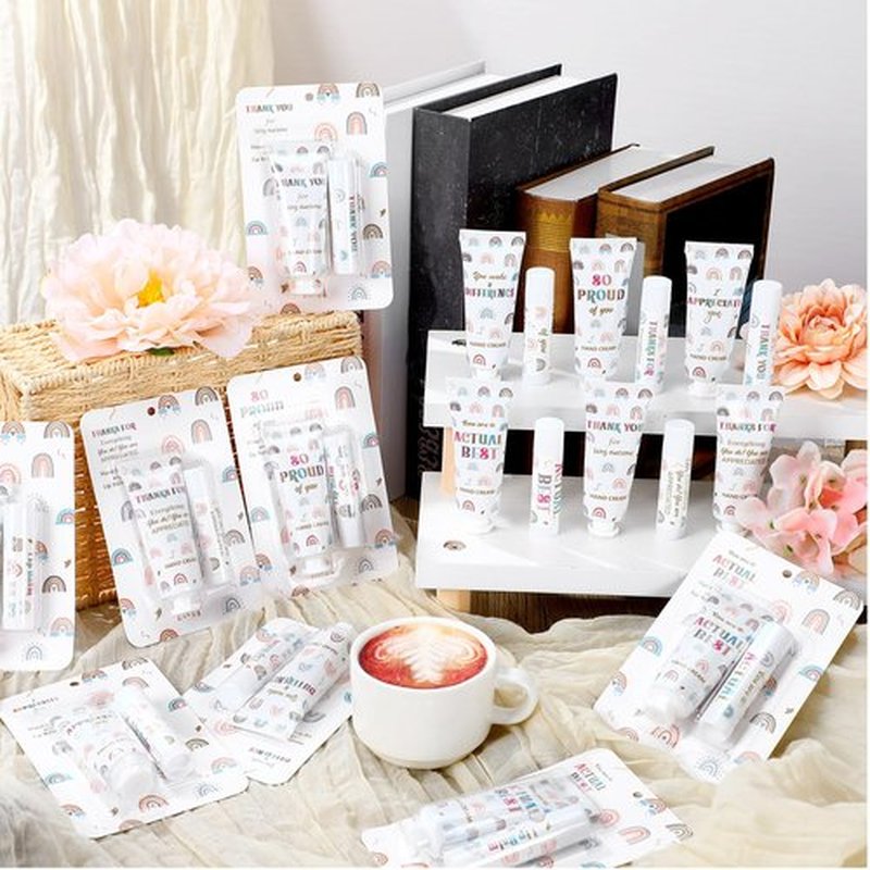Loopeer 12 Set/ 24 Pcs Teacher Appreciation Gift Bulk Boho Rainbow Lip Balm Hand Cream Lotion Set Small Thank You Gifts Party Favors for Women Employee Coworker Staff Galentine's Day