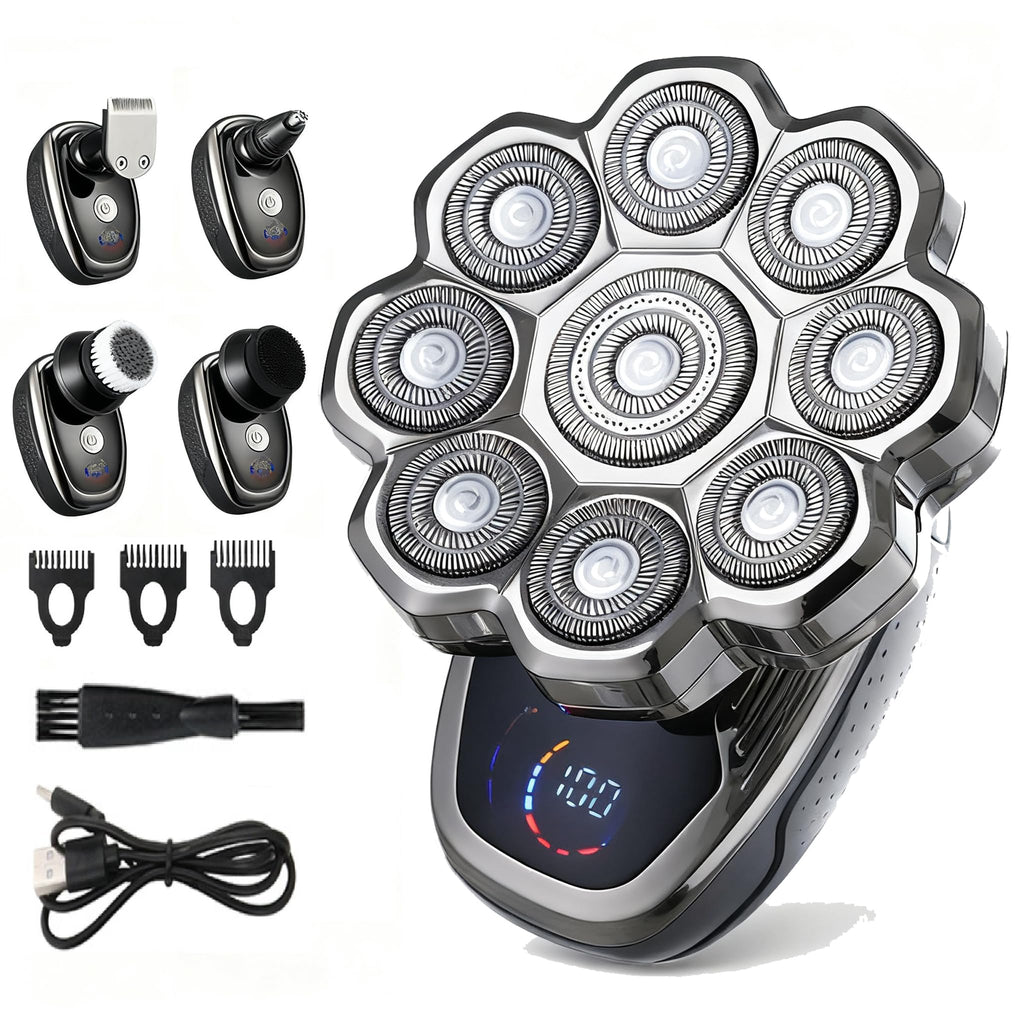 5-in-1 Electric Shaver for Men, Waterproof 9-Blade Razor Kit for Shaving Head & Face, LCD Display, Magnetic Head, Nose/Beard Trimmer, Cleaning & Massage Brush, Travel, 60min Runtime