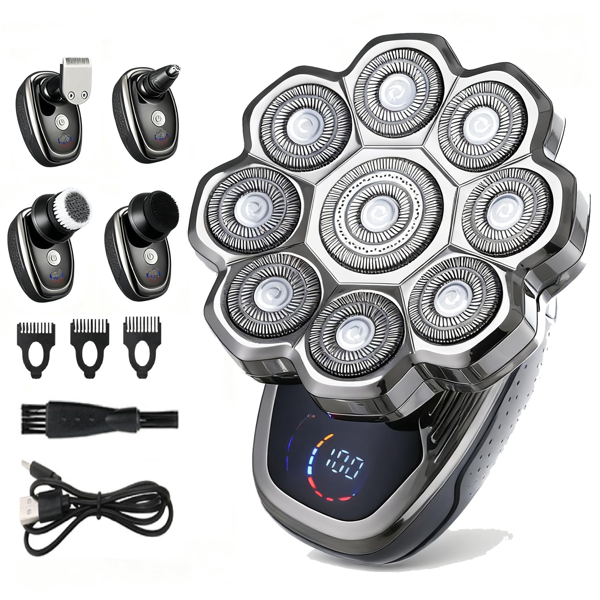 5-in-1 Electric Shaver for Men, Waterproof 9-Blade Razor Kit for Shaving Head & Face, LCD Display, Magnetic Head, Nose/Beard Trimmer, Cleaning & Massage Brush, Travel, 60min Runtime