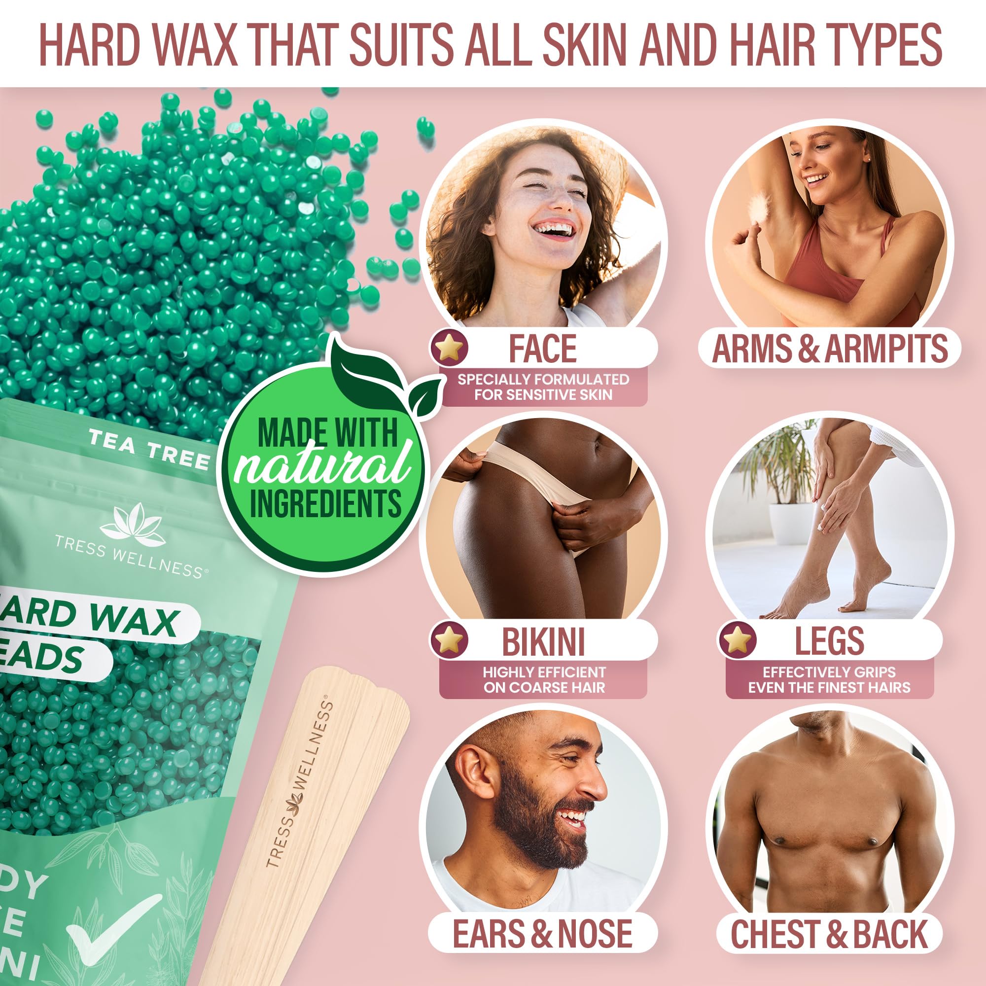 Tress Wellness Award Winning Waxing Kit for Sensitive Skin – Safe for Face & Skin, Easy to Use – At-Home Kit for Face, Bikini, Brazilian & Full Body - Midnight Rose, No Display
