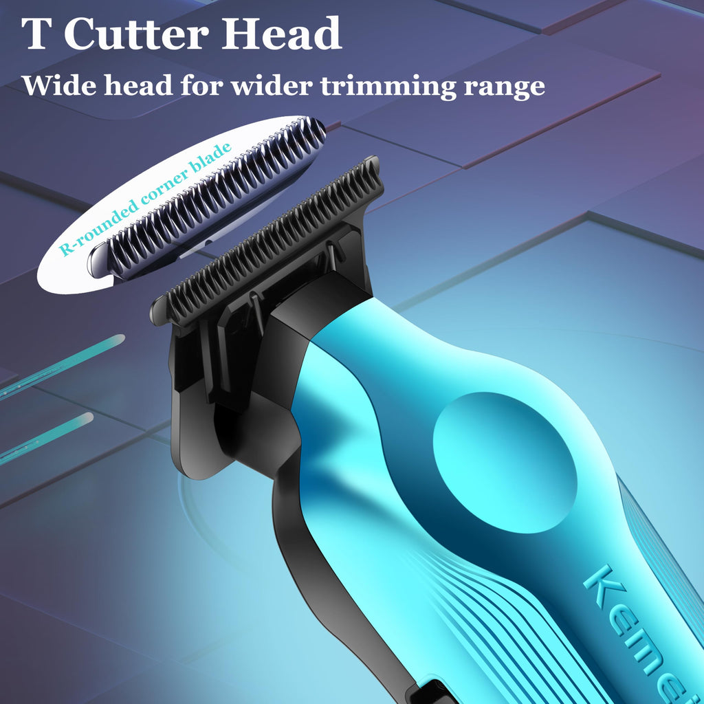 KEMEI Hair Trimmer for Men, Zero Gapped Cordless Hair Clippers Beard Trimmers with T Blade, Rechargeable Barber Clippers with LED Display, Blue